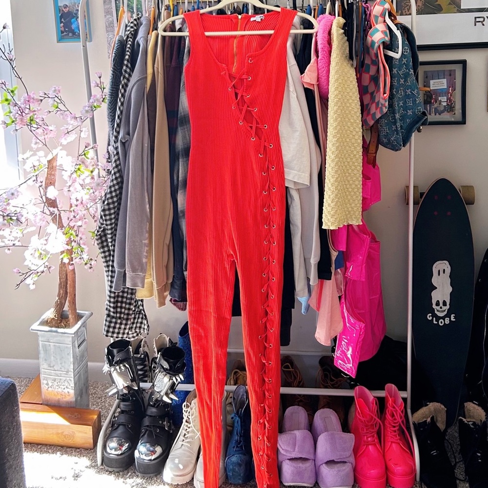 Neon Burnt Orange Cutout Lace Up Jumpsuit // Size L